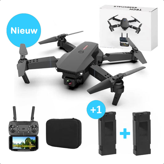 TechEssentials® Dual Camera Drone -Incl 2 Batteries And Case - Black | Kids - For Children - Remote Controllable FPV Mini - Adults - Outdoor - Toys - RC - E88