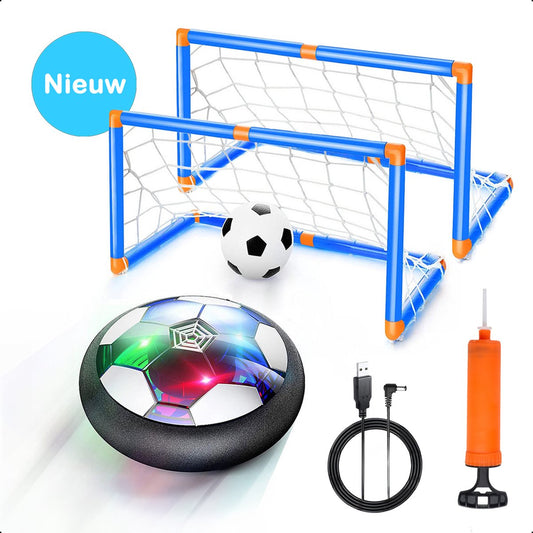 TechEssentials® Hover Ball Set - Buts de Football Lot de 2 - Football Ø11cm &amp; Pompe - Éclairage LED - 18 cm - Rechargeable | Ballon de football flottant en salle - Souple - Enfants - Soccer à air comprimé - Caudeau - Intérieur