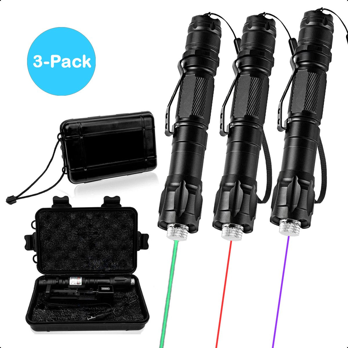 3-Pack Professionele Laserpen Set Groen/Rood/Paars <5mW Met Case - Oplaadbaar - Inclusief Batterijen En Oplader