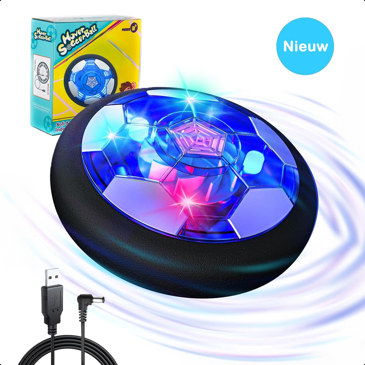 TechEssentials® Hover Ball - Éclairage LED - 18 cm - Rechargeable | Ballon de football flottant en salle - Souple - Enfants - Soccer à air comprimé - Caudeau - Intérieur