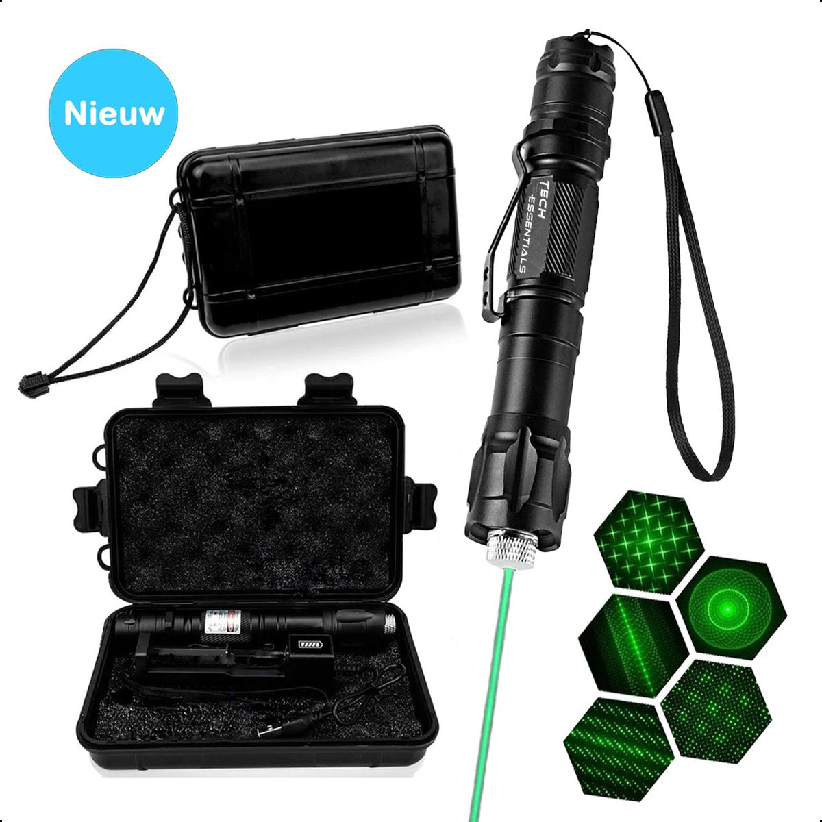 Stylo laser professionnel TechEssentials® vert &lt;5 mW avec étui - rechargeable - y compris piles et chargeur | Stylos laser - Pointeur laser - Gadget