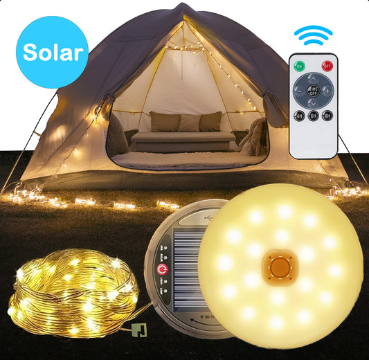 Guirlande lumineuse solaire de camping TechEssentials® avec télécommande - 10 mètres - IP67 étanche - Enroulable - Rechargeable | Guirlande d’éclairage extérieur - Lumières - Guirlande de lampes - Lampe de camping - Lampe de tente