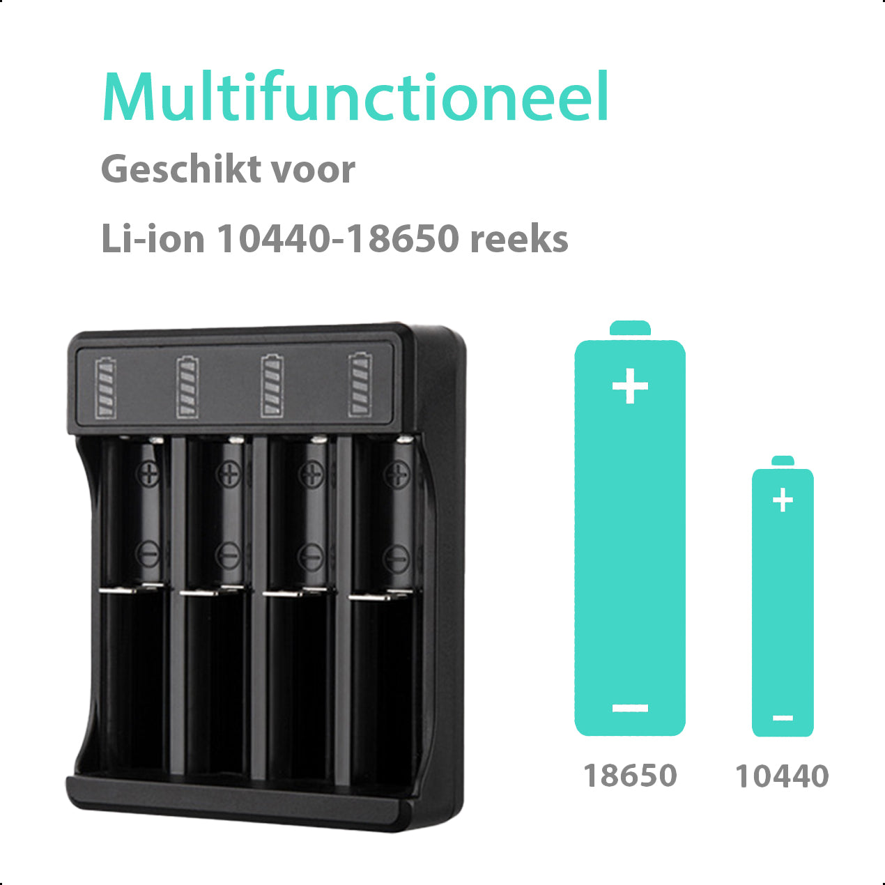 4-Slots Batterijoplader USB-C Met 4x 18650 Oplaadbare Batterijen - 2850mAh 10A 3.6V/3.7V - 10440/18650 - Li-ion