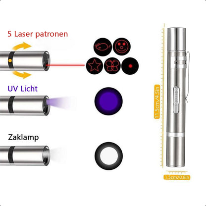 3 en 1 - Stylo laser - Acier inoxydable - Chats et chiens - Jouets - USB rechargeable | Rouge - Jouet - Lumière - Électrique - Automatique - Pointeur