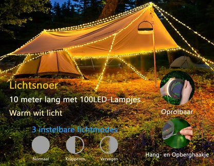 Solar Camping Lichtsnoer Met Afstandsbediening - 10 Meter - IP67 Waterdicht - Oprolbaar - Oplaadbaar