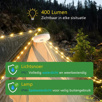 Solar Camping Lichtsnoer Met Afstandsbediening - 10 Meter - IP67 Waterdicht - Oprolbaar - Oplaadbaar