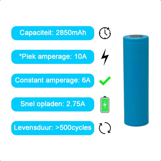 Paquet de 2 piles rechargeables TechEssentials® 18650 - 2850 mAh 10 A 3,6/3,7 V | Li-ion - Flat Top - Support - Batterie - Lithium