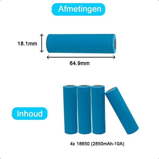 4-Pack 18650 Oplaadbare Batterijen - 2850mAh 10A 3.6/3.7V