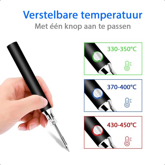 Draadloze Soldeerbout 8W 450°C - USB-C Oplaadbaar - Temperatuur Verstelbaar - Zwart