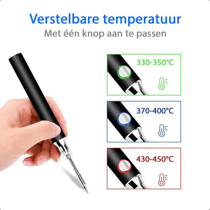 Draadloze Soldeerbout 8W 450°C - USB-C Oplaadbaar - Temperatuur Verstelbaar - Zwart