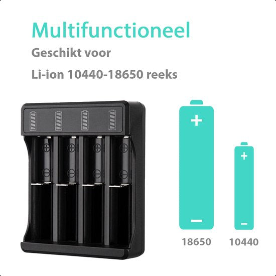 TechEssentials® 4-Slots 18650 Battery Charger USB-C - 10440/18650 | Li-ion - Flat Top - Holder - Battery - Lithium