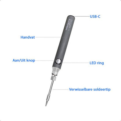 TechEssentials Cordless Soldering Iron 8W 450°C - USB-C Rechargeable - Temperature Adjustable - Gray | Tin - Station - Set - Gun - Electric - Battery