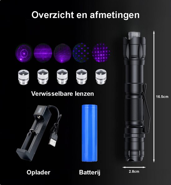 3-Pack Professionele Laserpen Set Groen/Rood/Paars <5mW Met Case - Oplaadbaar - Inclusief Batterijen En Oplader