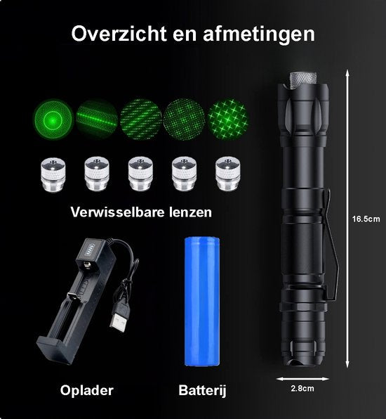 TechEssentials® Professional Laser Pointer Green &lt;5mW With Case - Rechargeable - Including Batteries and Charger | Laser Pointers - Laser Pointer - Gadget