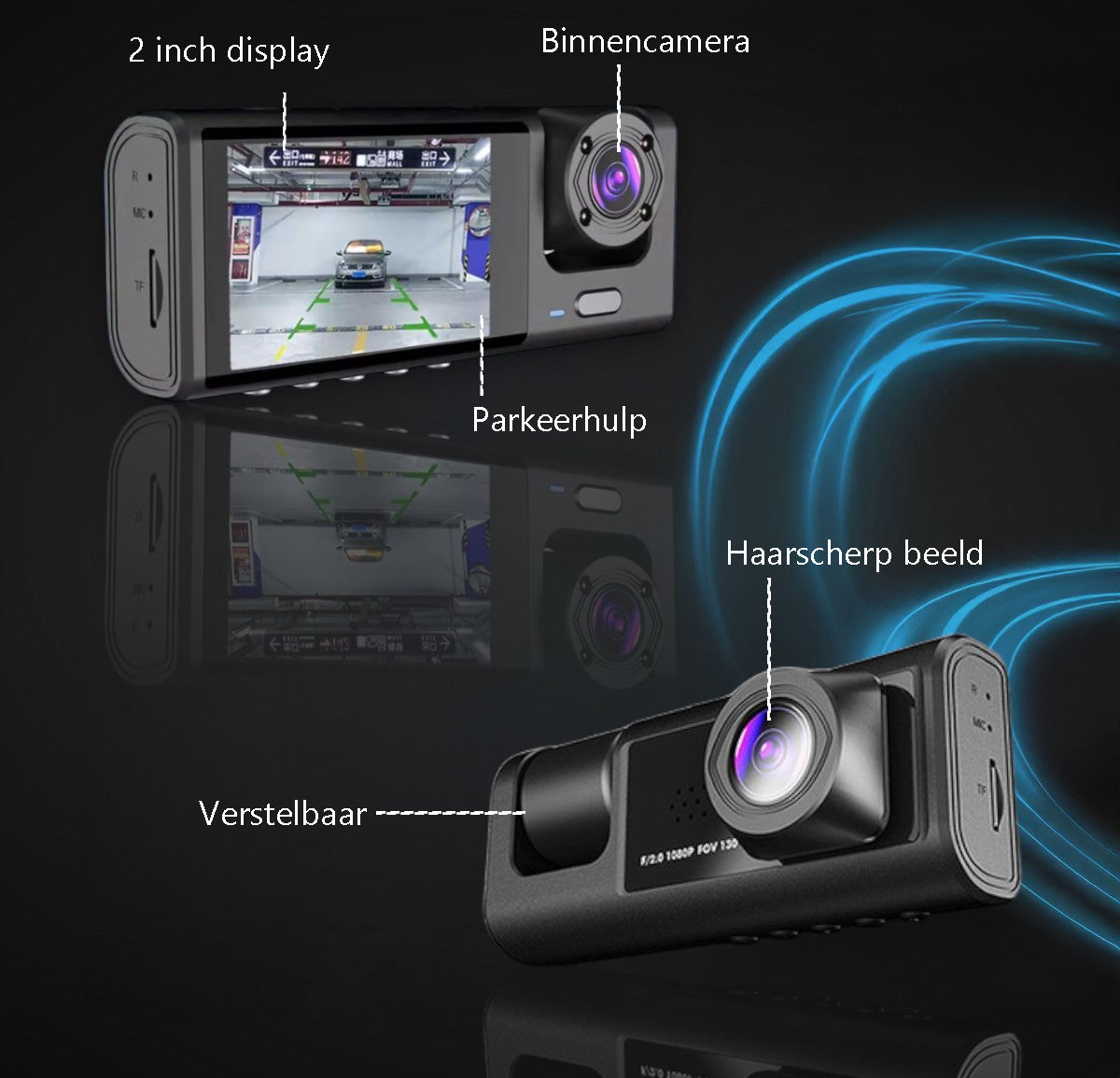 TechEssentials - Double Dashcam WiFi pour voiture - Full HD - Caméra de recul - Carte Micro SD incluse | Et arrière - Vision nocturne - Caméra